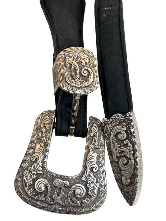 Justin Belt Black 30 Vtg Leather USA  Silver-plated 1993 Engraving Western 525BK main image 9